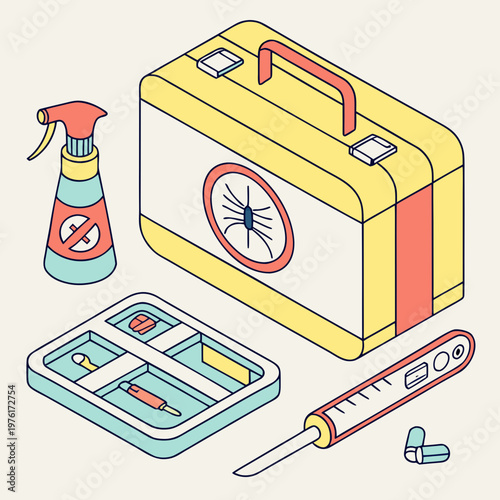 Medical first aid box with insect repellent and diagnostic tools in isometric perspective for malaria treatment and prevention healthcare concepts.