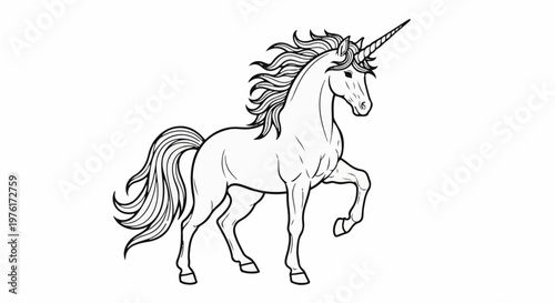 A black and white line drawing of a majestic unicorn standing gracefully