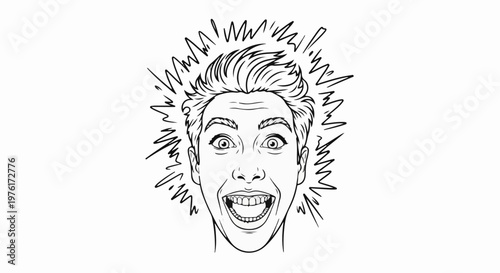 A black and white line drawing of a man's face with a shocked expression