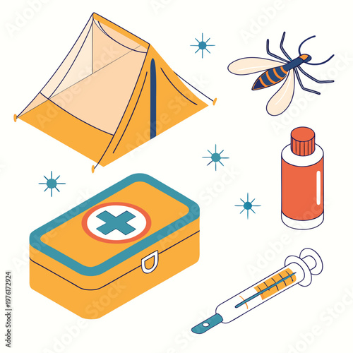 Mosquito protection and medical aid items arranged, featuring a tent first aid box insecticide bottle and syringe for health and safety during outdoor adventures.