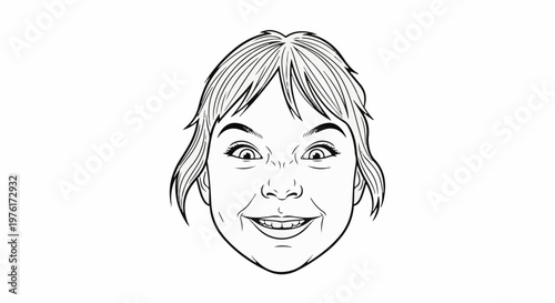 A black and white line drawing of a person's face with a wide, open-mouthed smile and squinting eyes