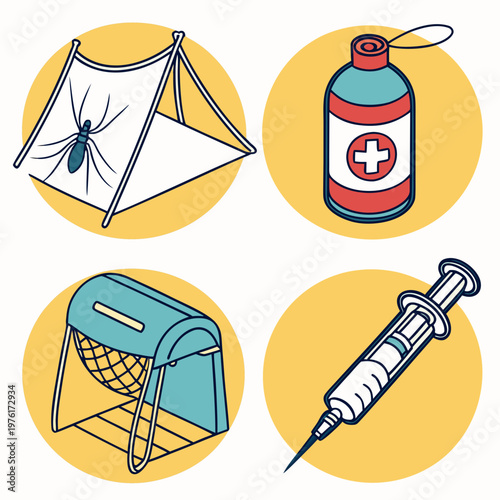 Collection of mosquito prevention and medical treatment supplies featuring mosquito net tent bottle with cross and syringe for health and safety outdoor activities.