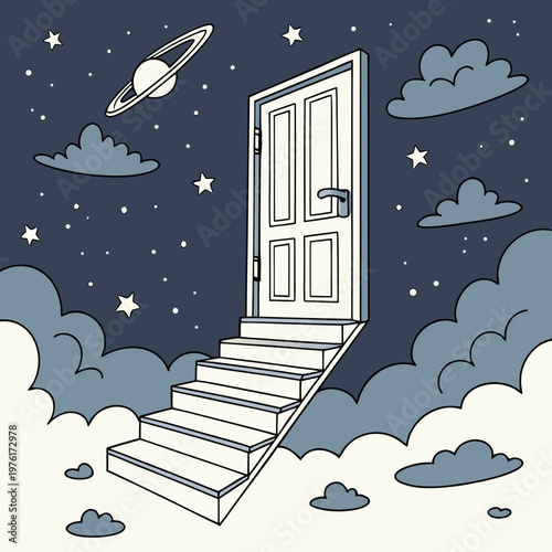 Surreal staircase to a floating door in outer space, dreamlike cosmic portal with stars and planets, conceptual vector illustration of opportunity