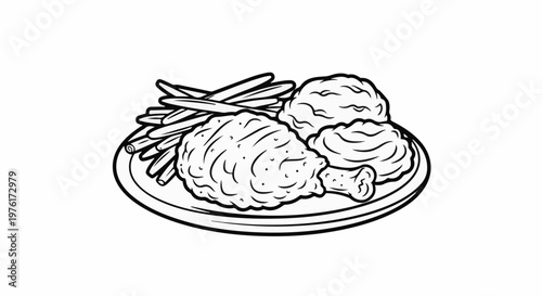 A black and white line drawing of a plate of fried chicken and french fries