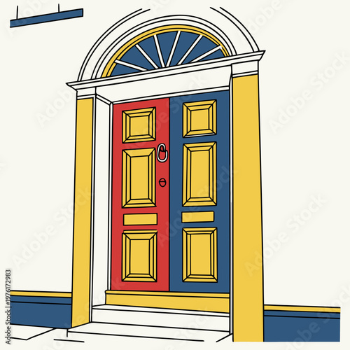 Georgian style front door vector illustration, colorful red and blue double doors with yellow trim, classic architectural entrance facade