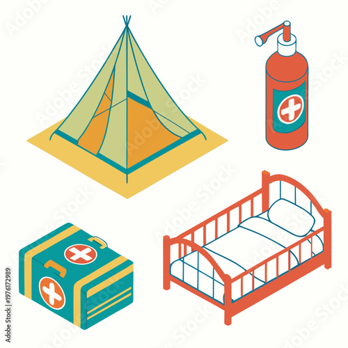 Isometric medical icons for malaria protection showcasing protective tent and insect repellent spray bottle with first aid box and infant baby crib.