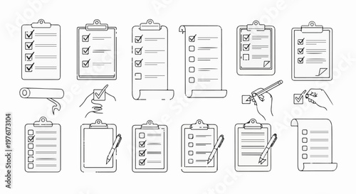 A collection of hand-drawn checklist icons and writing gestures