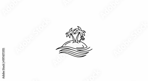 Simple line drawing of a small tropical island with palm trees and waves