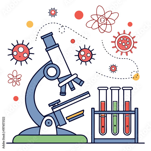 Microscope, test tubes and viruses for scientific research, medical discovery and laboratory analysis.