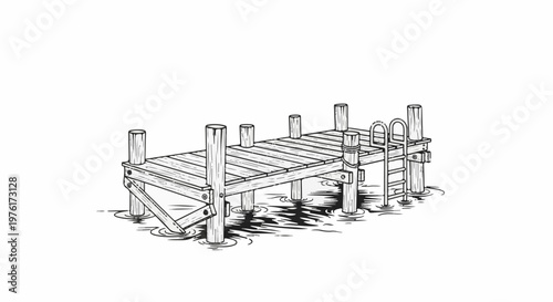 Simple wooden dock with posts and a ladder in wavy water