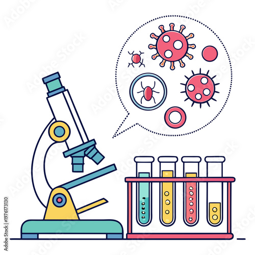 Medical laboratory vector illustration with microscope, test tubes, and diverse microorganisms for research and diagnostics.