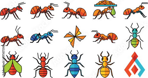 Ant Vector Set Colorful Insect Colony Worker Ant Collection Illustration