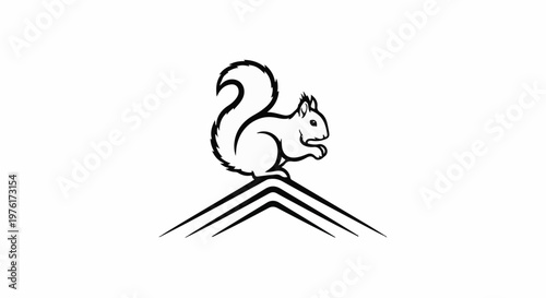 A black line drawing of a squirrel sitting atop three abstract peaks