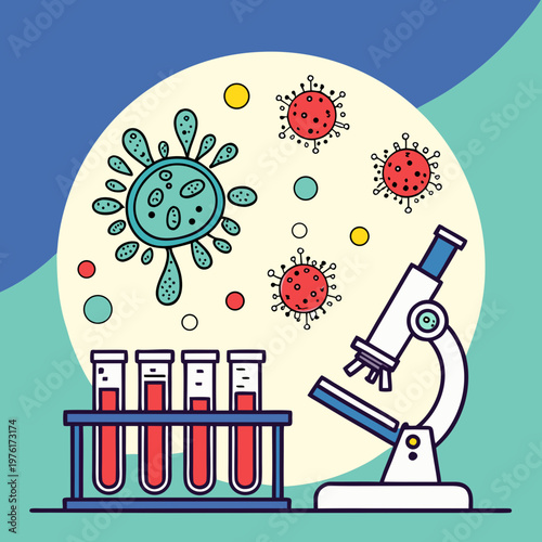 Scientific laboratory vector illustration showing a microscope, test tubes, and various microorganisms for biological and medical research.