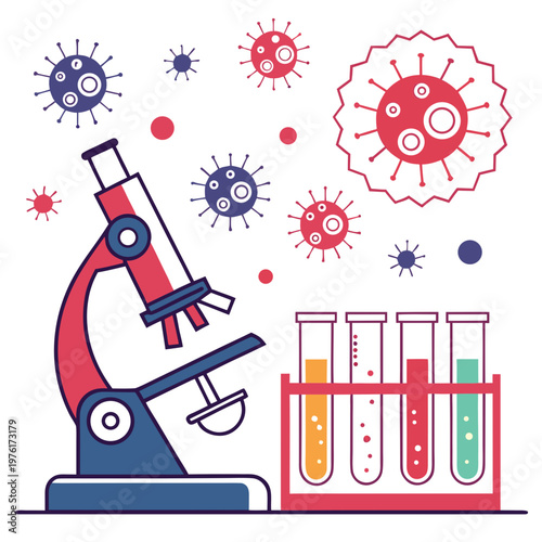Advanced virology research illustration featuring colorful microscope test tube rack and various virus cell structures for scientific investigation.