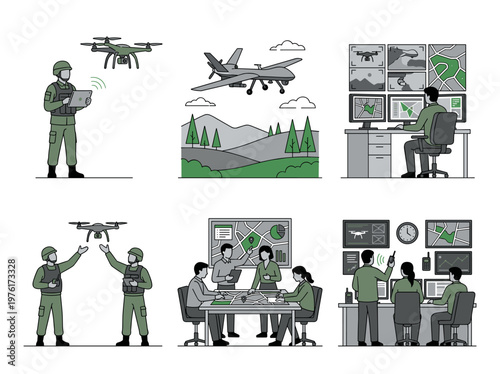 Unmanned aerial vehicle collection: military drone operator, surveillance flight and command center.