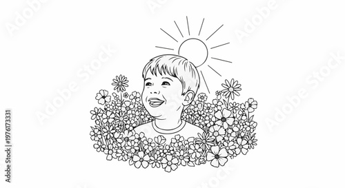 A joyful boy in a field of flowers under the bright sun