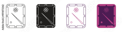  Billiard table or snooker table with cues and balls rack icon set. Sport game tools, vector illustration.