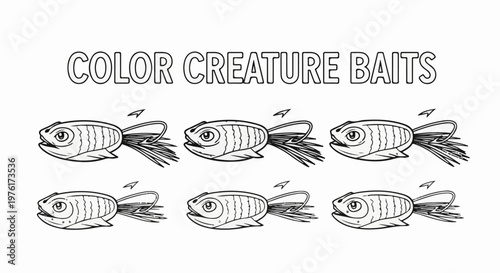 Six cartoonish fish bait outlines with the words "COLOR CREATURE BAITS" above