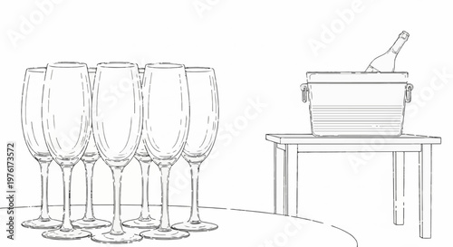 Six champagne flutes on a round surface and a bottle in ice bucket on a table