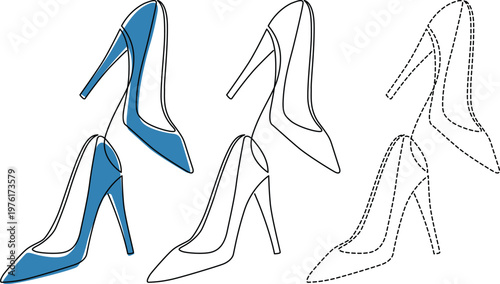 Evolution of high heel shoe designs from solid to wireframe styles Vector
