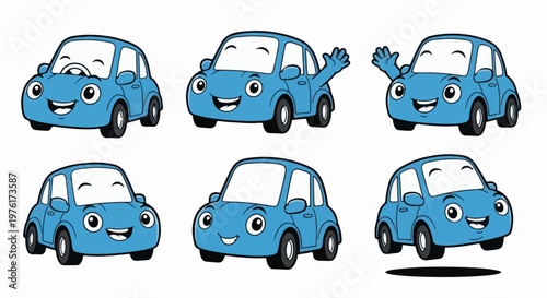 Six cheerful blue cartoon cars in different poses
