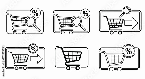Six icon variations depict shopping carts with various graphic elements representing shopping