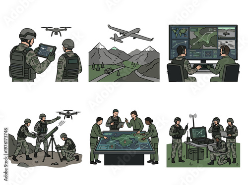 Military drone surveillance operations set with personnel controlling drones and monitoring data