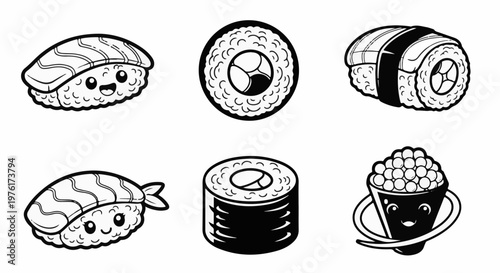 Six playful cartoon sushi illustrations in black and white