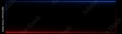 A striking rectangular frame composed of two distinct neon light colors a vibrant red on the right side and a deep blue on the left side, all set against a dark black background, creating a