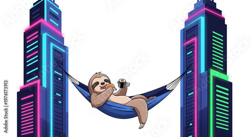 A cartoon sloth relaxes in a hammock between two neon-lit skyscrapers in a vibrant cityscape illustration.