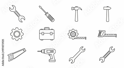 A collection of illustrated tools and engineering components on a white background