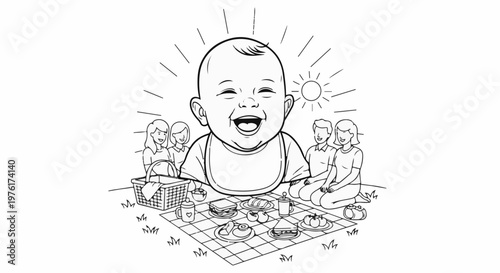 A joyous baby beams with delight at a family picnic under the sun