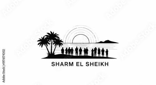 Silhouetted palm trees and people watch a sunset over the ocean horizon