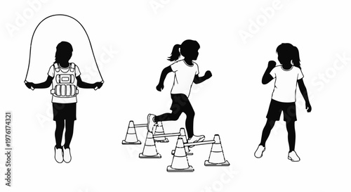 Silhouettes of children engaged in various athletic activities, including jumping rope, obstacle course running, and active pose