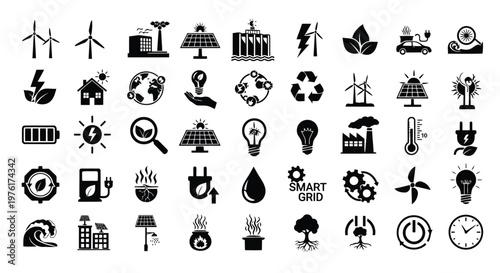 Collection of icons representing various aspects of renewable energy and sustainability Vector