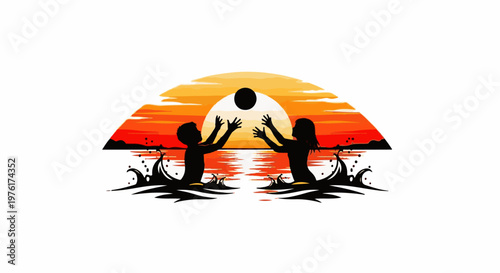 Silhouettes of children playing in water at sunset