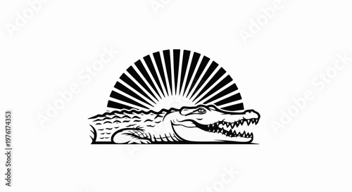 Silhouette of a reptilian predator with sharp teeth and a sunburst behind it