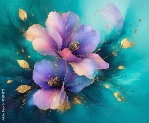 Beautiful watercolor background featuring pink and purple floral blossoms with green leaves and delicate petals isolated on white for a spring garden nature scene