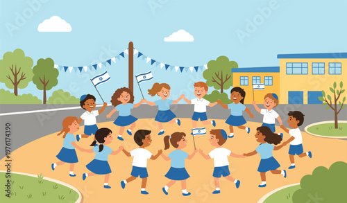 Kids running in a circle at Jewish school waving Israeli flags for Yom Haatzmaut celebration. Cute children playing outside with friends for education on independence day or festive holiday activity