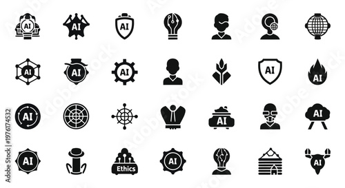 Collection of diverse artificial intelligence icons representing various applications and concepts Vector