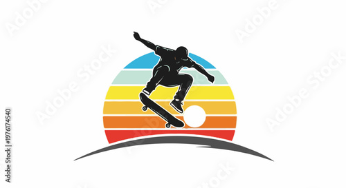 Silhouette of a skateboarder performing a trick against a sunset background