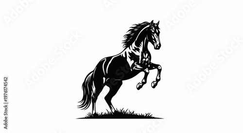 A black silhouette of a horse rearing up on its hind legs