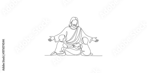 Jesus Christ with two children sitting on floor in one line drawing style kids family