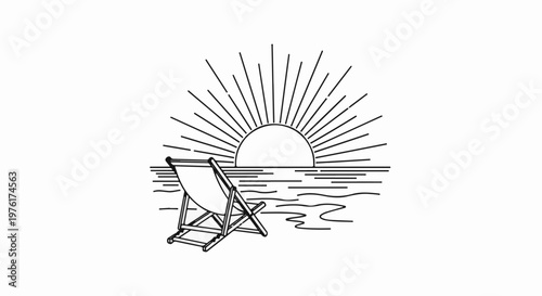 Simple line art depicts a sunrise over the ocean with a deck chair on the shore