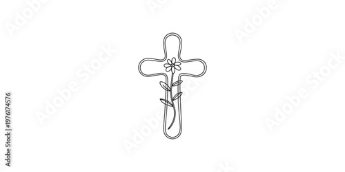 A line drawing of a cross with a flower and leaves on a white background