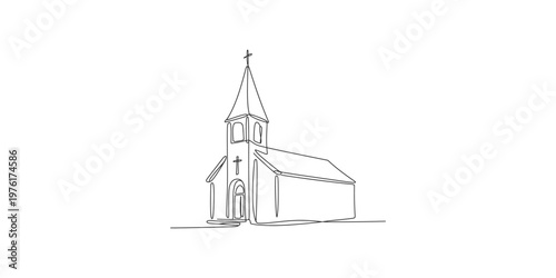 A line drawing of a church with a steeple and cross on top building architecture