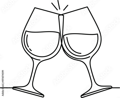 A simple black and white line art illustration of two wine glasses clinking together for a toast.
