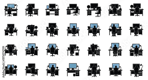 Diverse workstation setups featuring various office and home computer arrangements Vector