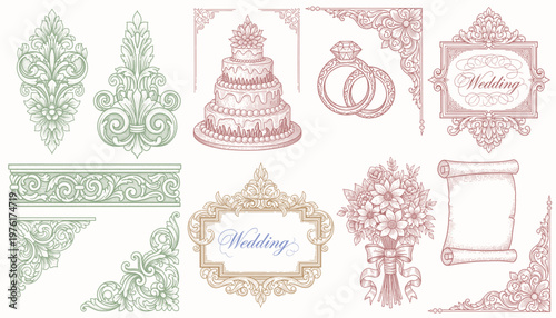 Elegant set of golden floral wedding frame elements including corners dividers and borders with a delicate hand-drawn style.